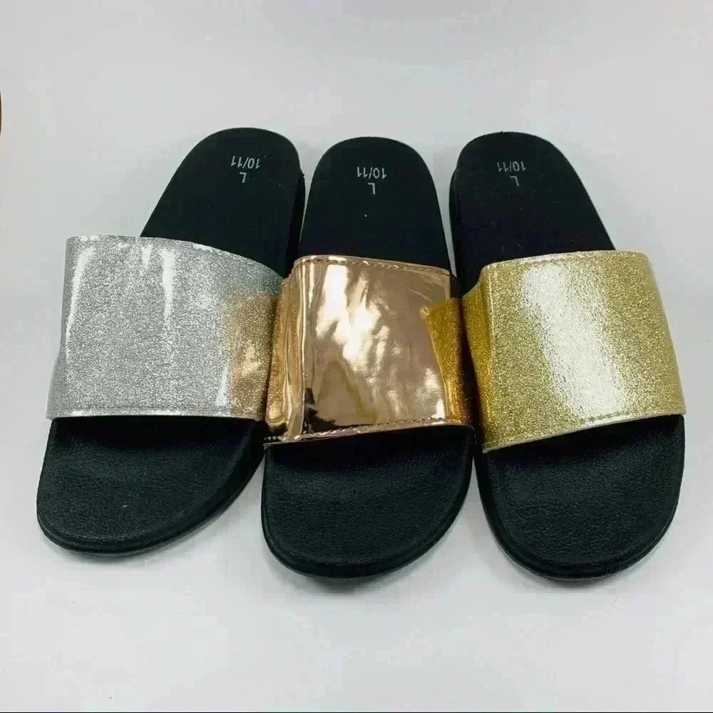 BNWOT Sandals, three pairs, Gold/Silver/Bronze
